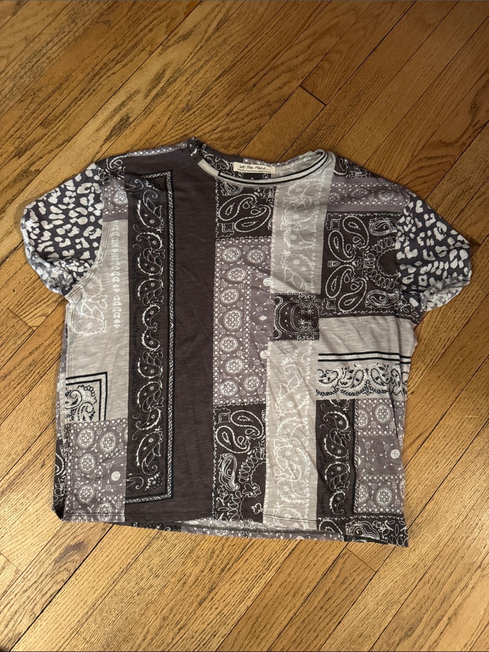 Free People Charcoal Combo Bandana Patchwork Tee